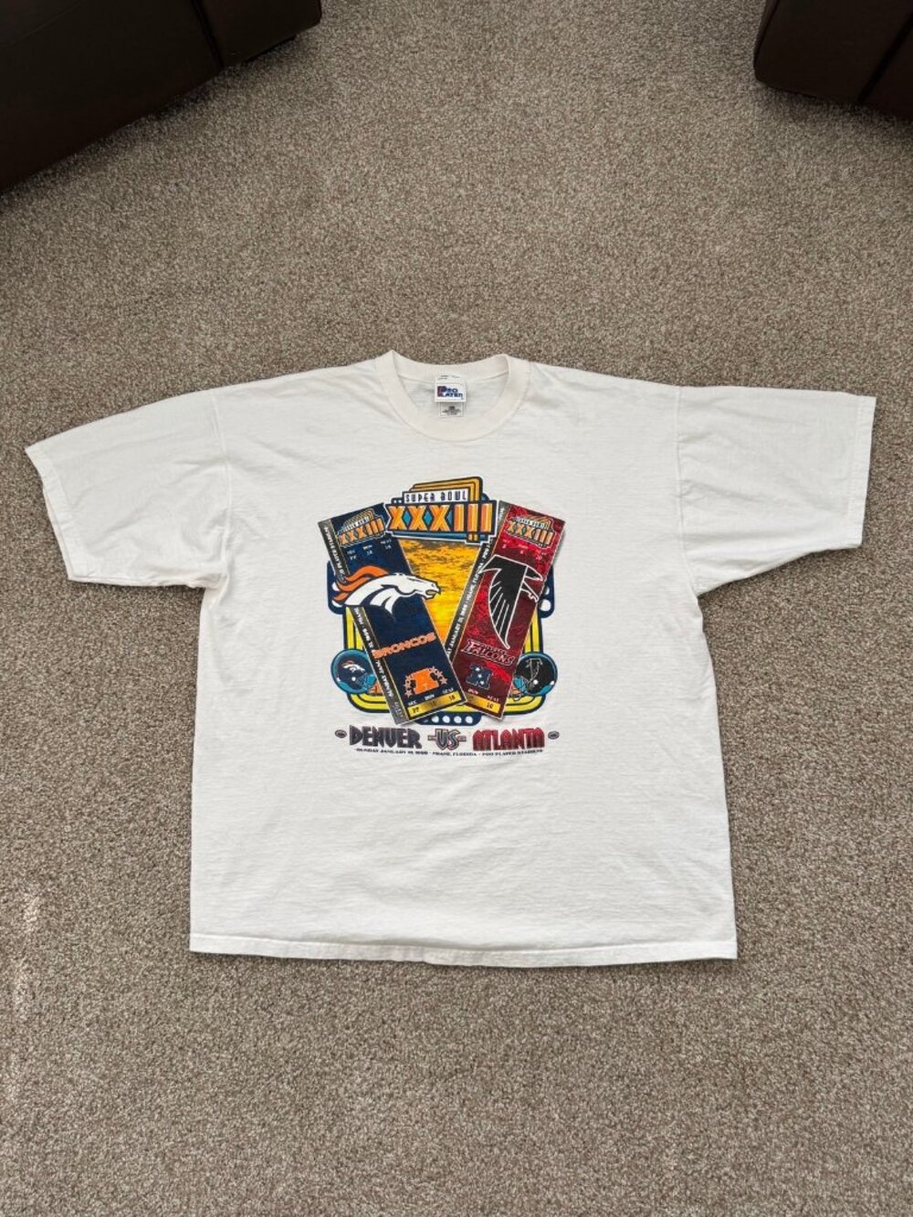 Vtg 90s Pro Player NFL Super Bowl XXXIII Broncos vs Falcons 1999 T Shirt XXL